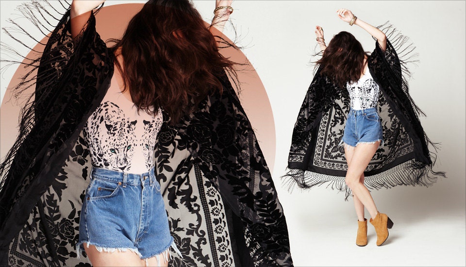 Black Floral Brocade Velvet Burnout Gypsy Fringe Kimono Duster