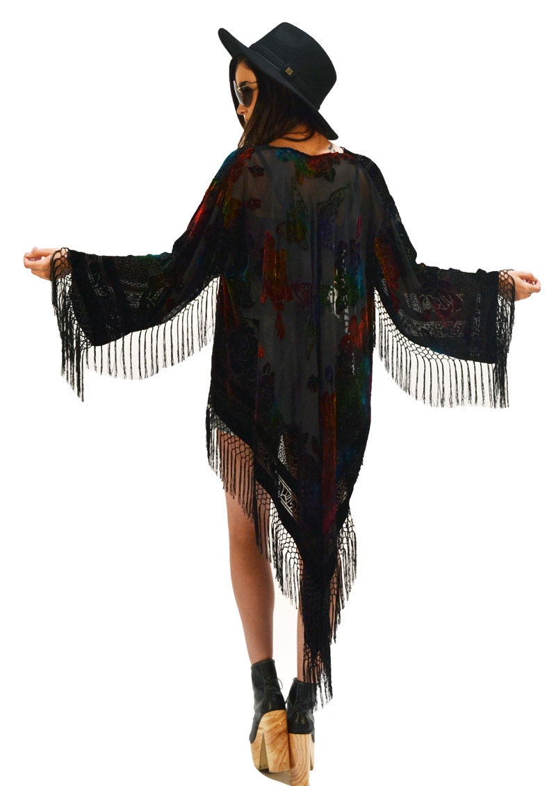 Black Psychedelic Floral Butterfly Velvet Burnout Gypsy Fringe Diamond Kimono