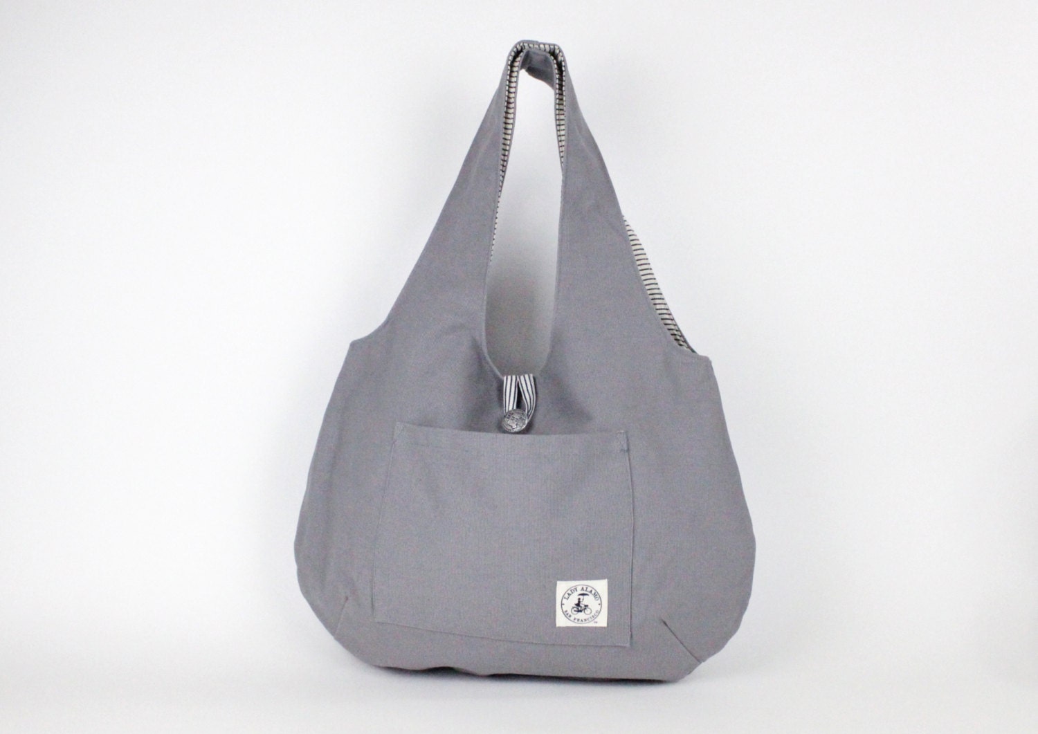 Cotton Canvas Reversible Hobo Bag - Grey & Black Railroad Stripes