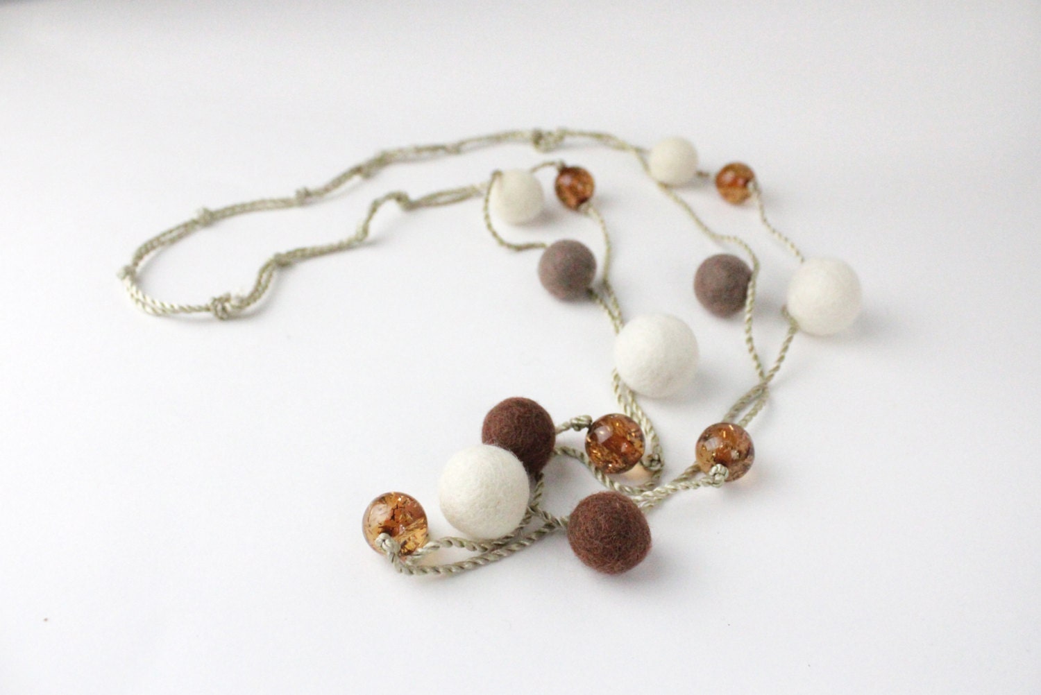 SALE 20% OFF - Brown And Cream Felt Beaded Necklace With Amber Acrylic Beads