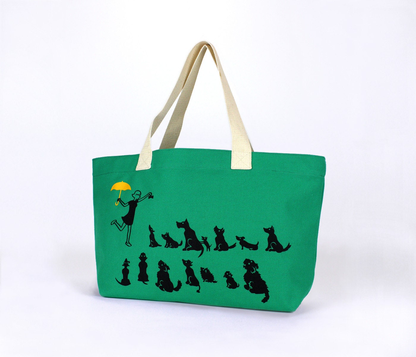 Kelly Green Cotton Canvas Tote  - "Dog Park" Design In Black & Yellow