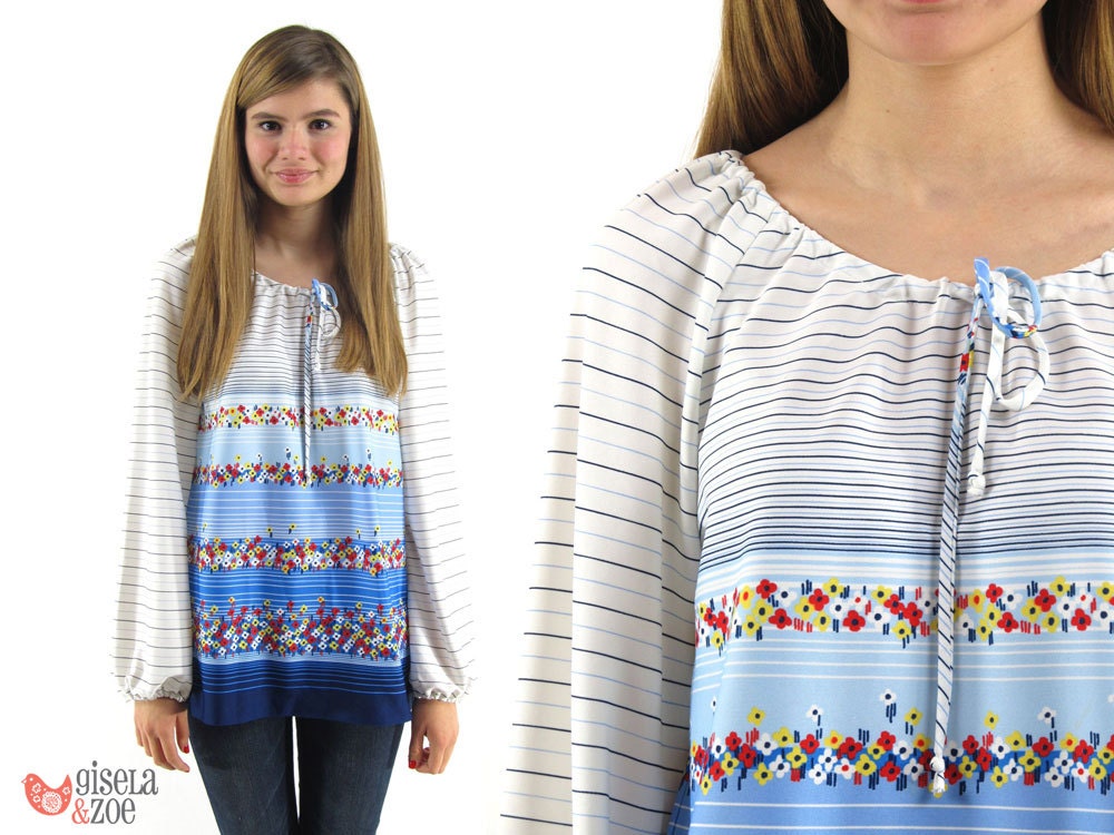 Vintage 1970s Nautical Floral Peasant Top / Floral Top / Boho Top (md-lg)