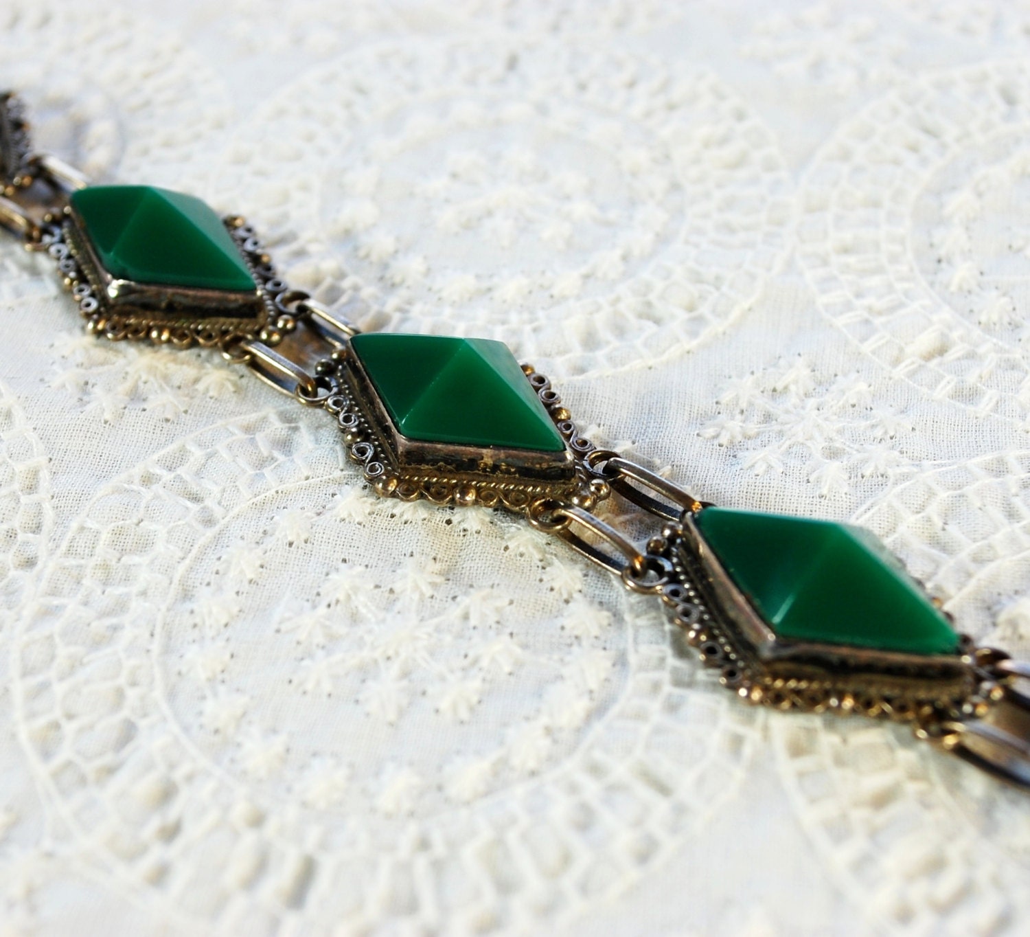 Vintage Mexican Sterling Silver Bracelet, Green Faceted Glass Geometric Stones, Ornate Spiral Beadwork, 1940s Jewelry, Gift for Her