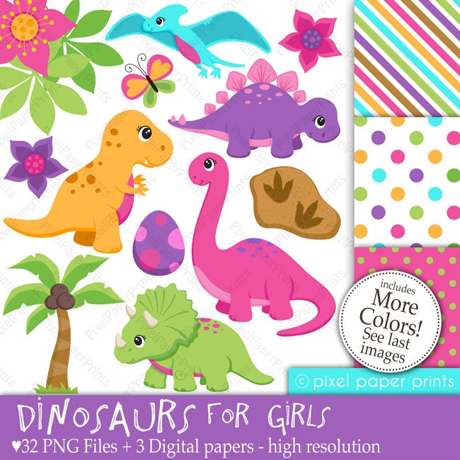 Dinosaurs for Girls - Clip Art and Digital Paper Set