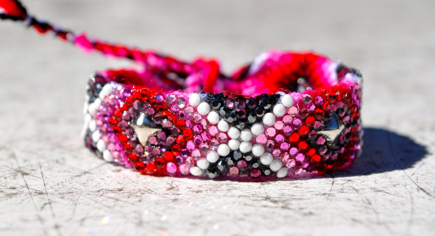 Crystal Studded Friendship Bracelet- black, white, pink, fuchsia, red