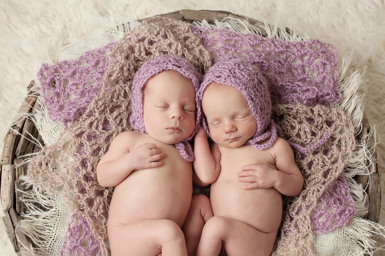 Newborn girl twin bonnets - lacy mohair with dainty scalloped edging--- sweet and unique for newborn twin photos