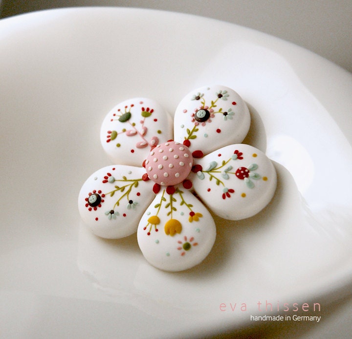 Bloom. Hand made polymer clay brooch in white. Made to order