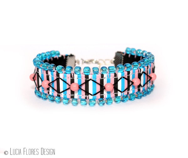 Bohemian Hippie friendship bracelet beaded embroidered with Preciosa blue glass beads Boho chic by LuciaFloresDesign