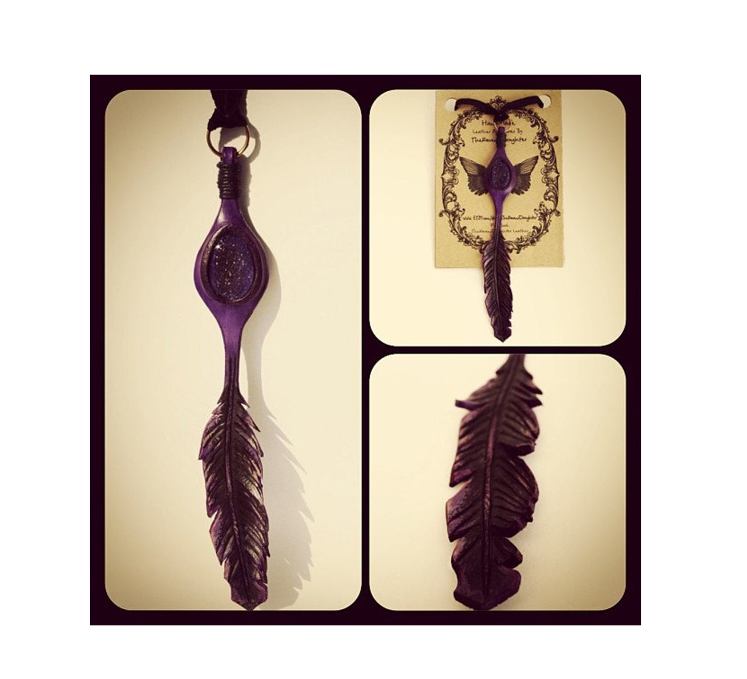 Leather Feather 'The Morrigans eye' Handtooled leather purple druzy pendant