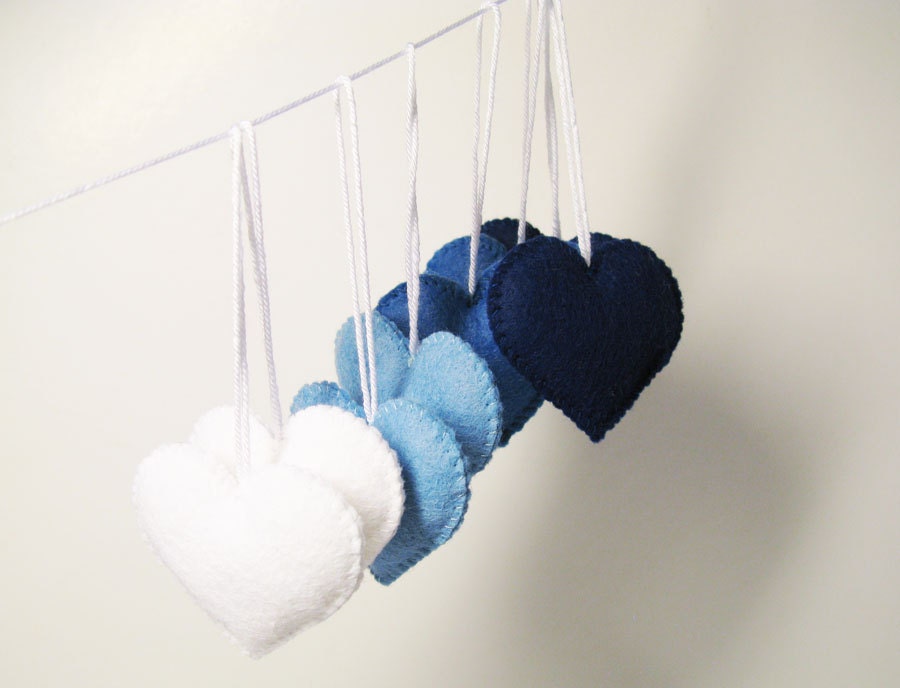 Set of 8 Felt Hearts -  White, light Blue, sky Blue, dark Blue - Handmade ornaments - Sea party decors, Father day, Boy Birthday decoration