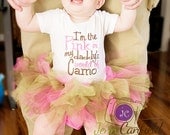 I'm the pink in my daddy's world of camo onesie, brown and pink tutu, and matching hair bow with pink, brown, and camouflage