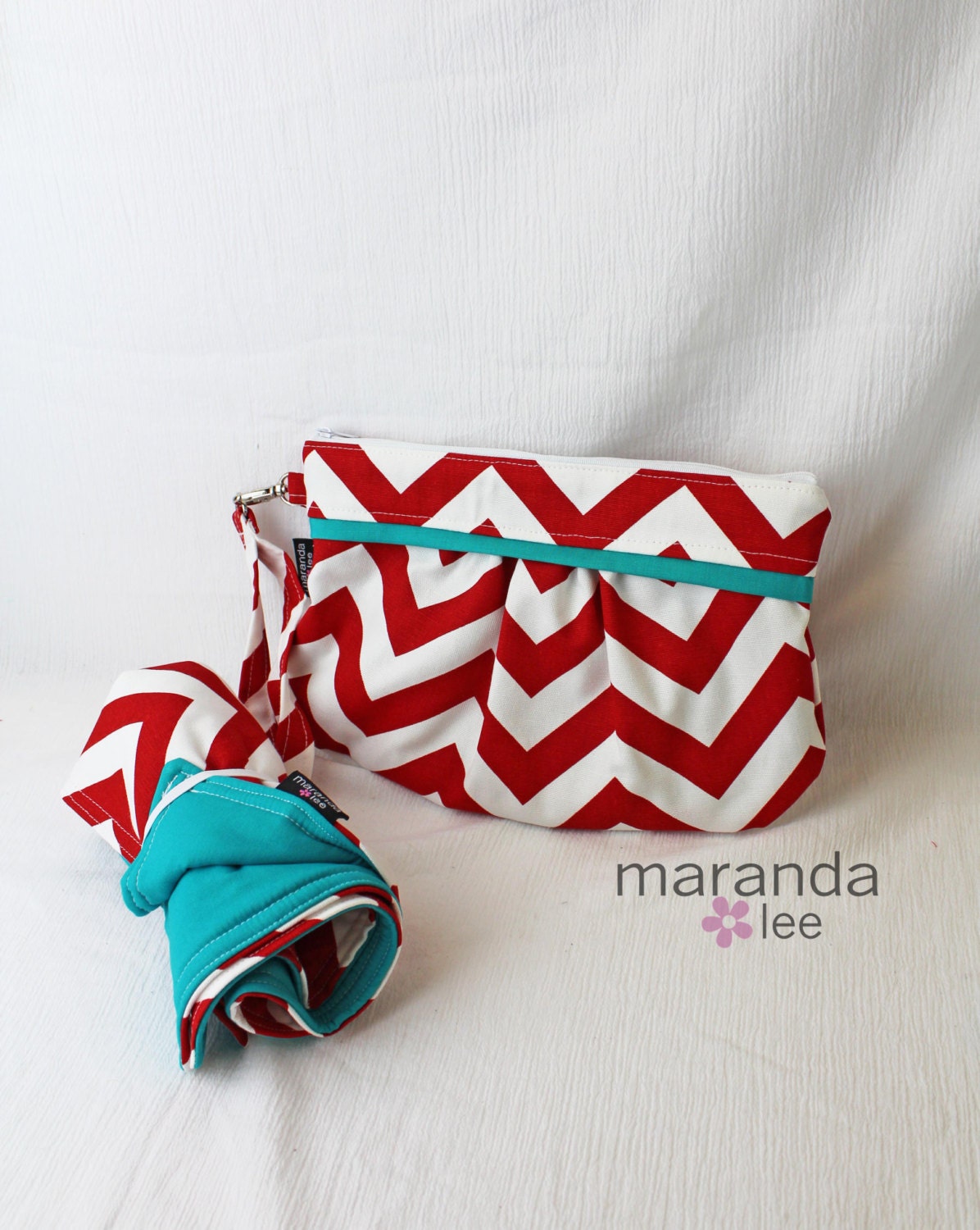 Coco Chevron Clutch and Changing Pad Set in Red Chevron and Teal Clutch WITH detachable strap - Zippered Clutch Wallet Diaper clutch
