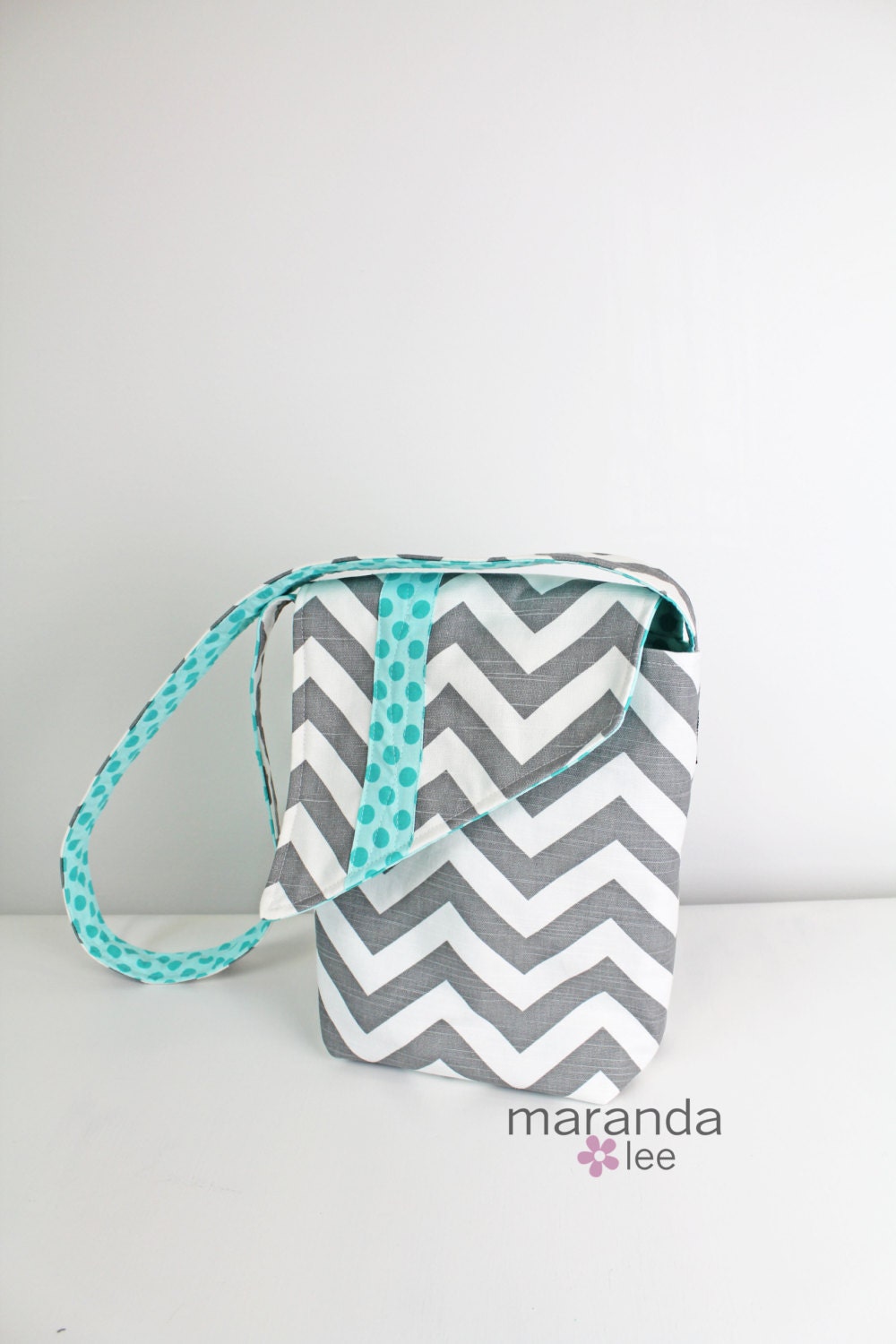 Nori Flap Messenger Cross Body Bag in Gray Chevron and Aqua - iPad Bag