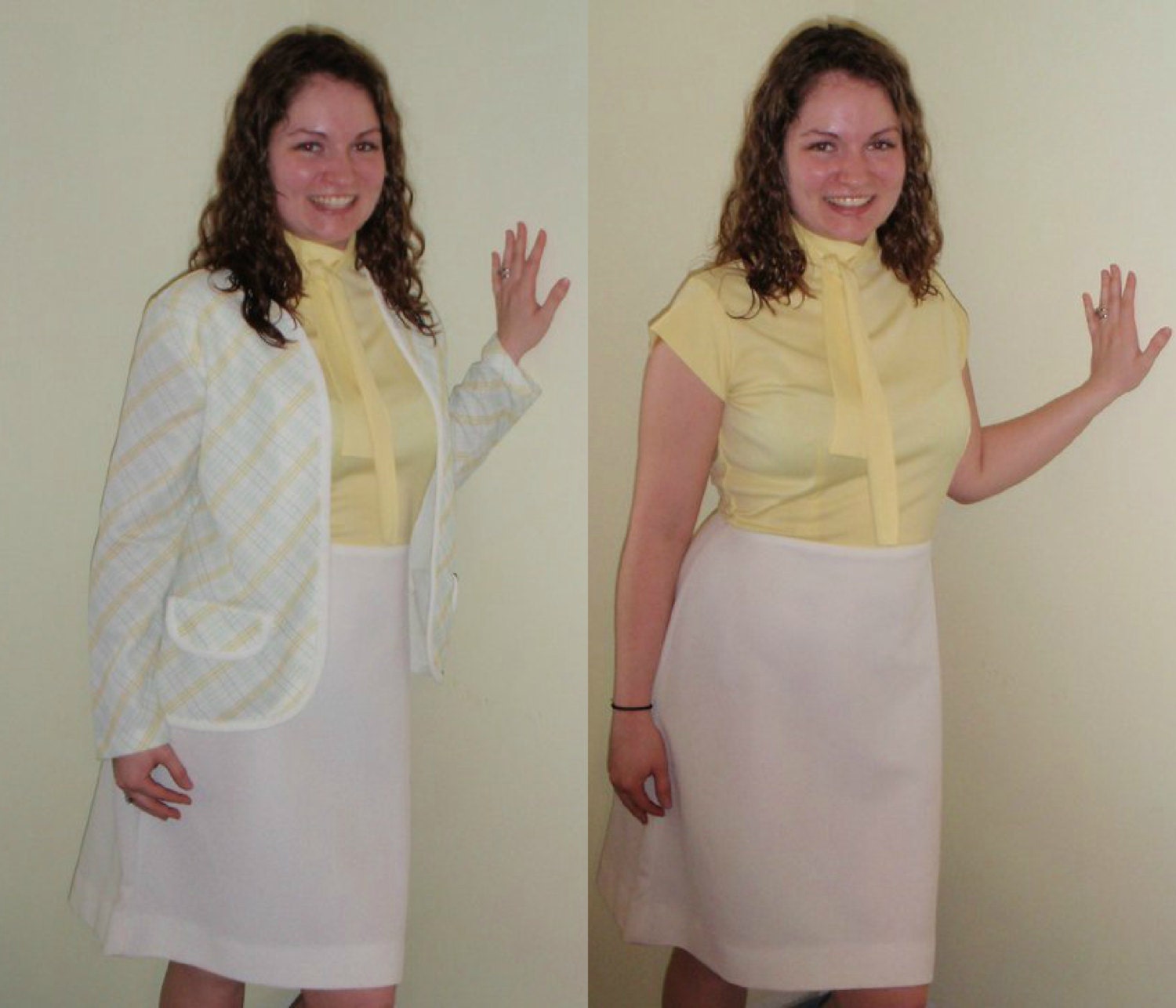 Vintage 1970s Yellow and White Dress with matching jacket by Dimension V.