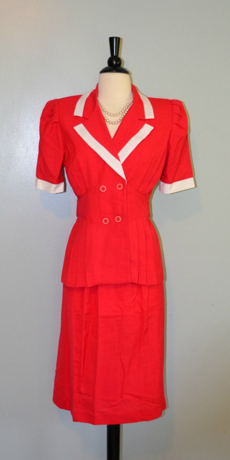 1980s 2 Piece Waitress Uniform Lipstick Red and White