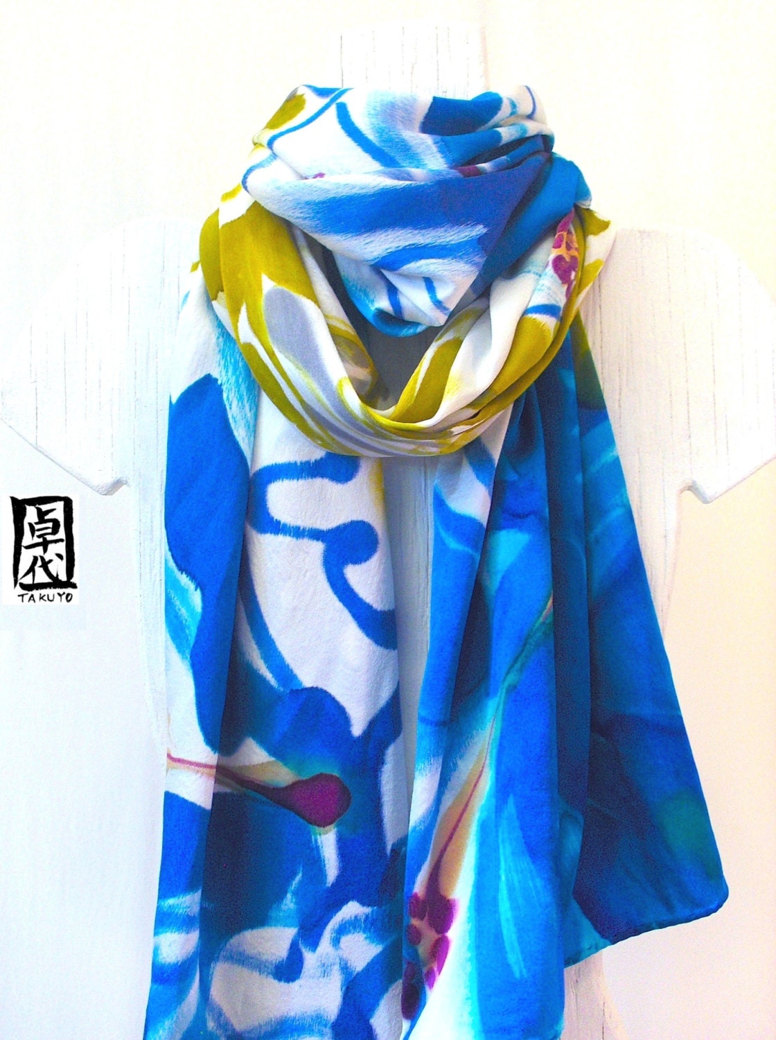 Hand Painted Silk Shawl Blue Hawaiian Hibiscus, Blue Silk Scarf, Floral Shawl. Evening Wrap. Silk Charmeuse Shawl. 22x90 in. Made to order.