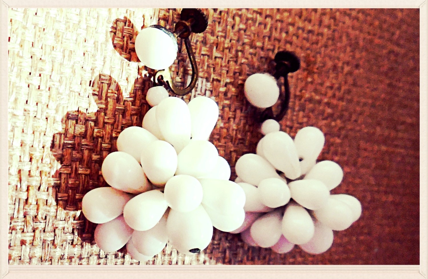 West German Milk Glass Chandelier Earrings, Vintage White Dangle Cluster Earrings signed, Wedding