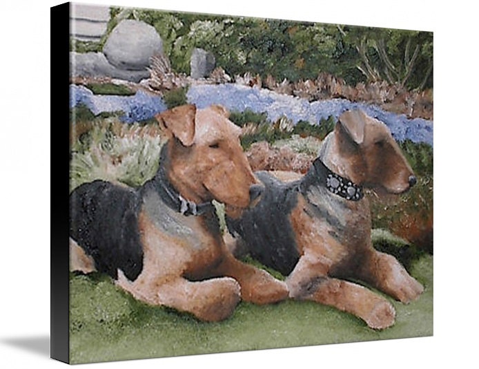 Airedale Dog Giclee Art Print on Stretched Canvas 8x10 2 Terriers yard garden Gallery Wrapped