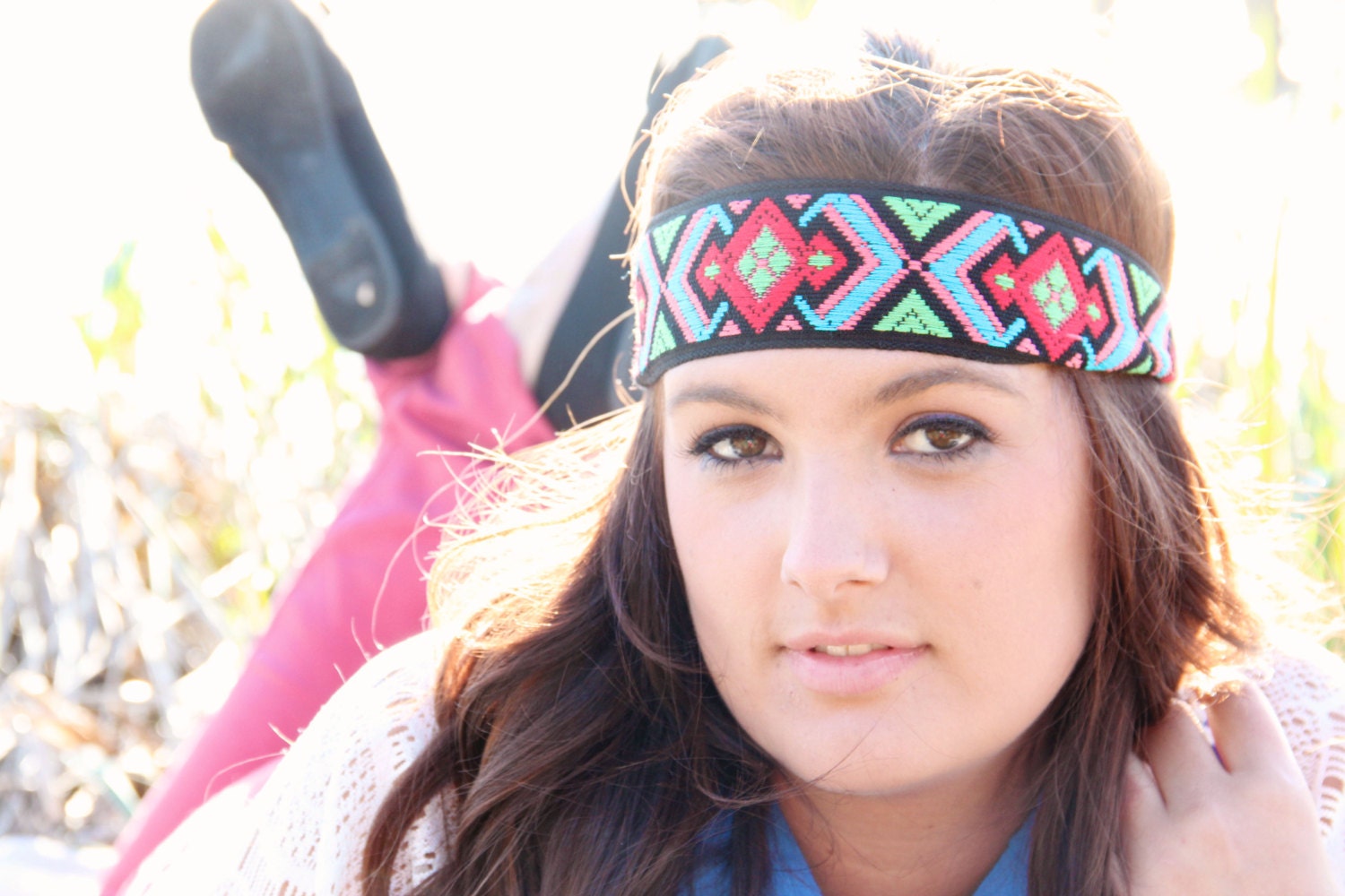 Extra Wide Geo Headband in Black, Bright colors, boho style, elastic closure, Mexico Style, Bohemian hippie, Boho Headband