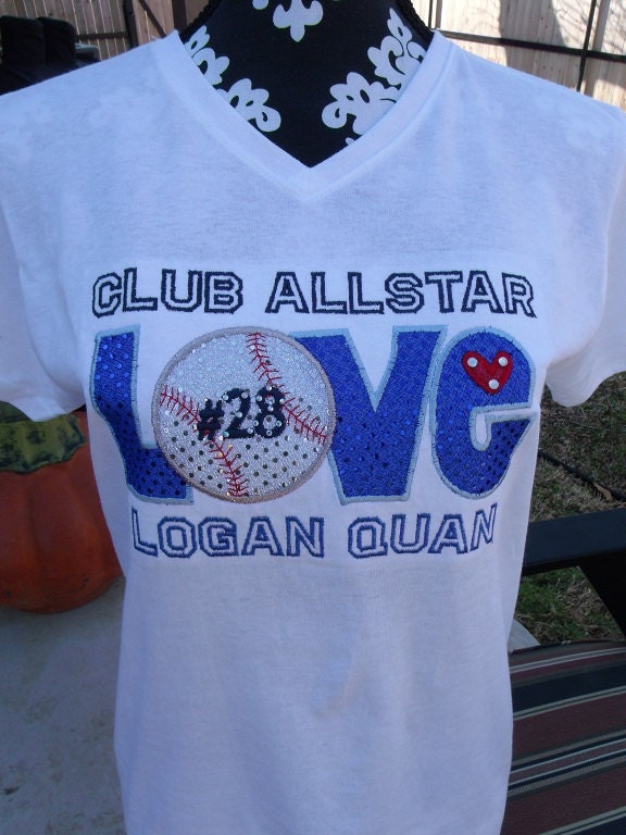 Custom "LOVE - BASEBALL / SOFTBALL Bling" w/ Child's Name & Team / No." Embroidered / Appliqued Womens T-Shirt