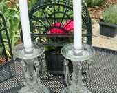 Pair of Pressed Glass Candleholders with Decorative Crystals 1920's