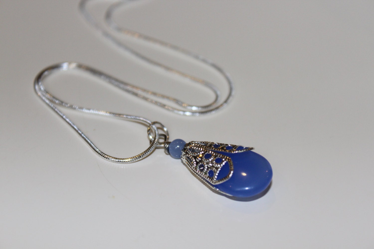 Blue Chalcedony Pendant Sterling silver Tear Drop Filigree Necklace Bridal jewelry