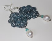 White fresh water pearls Antique Aqua Filigree Patina chandelier Vintage Earrings - Vintage Antique Silver earrings - Long Dangle Earrings