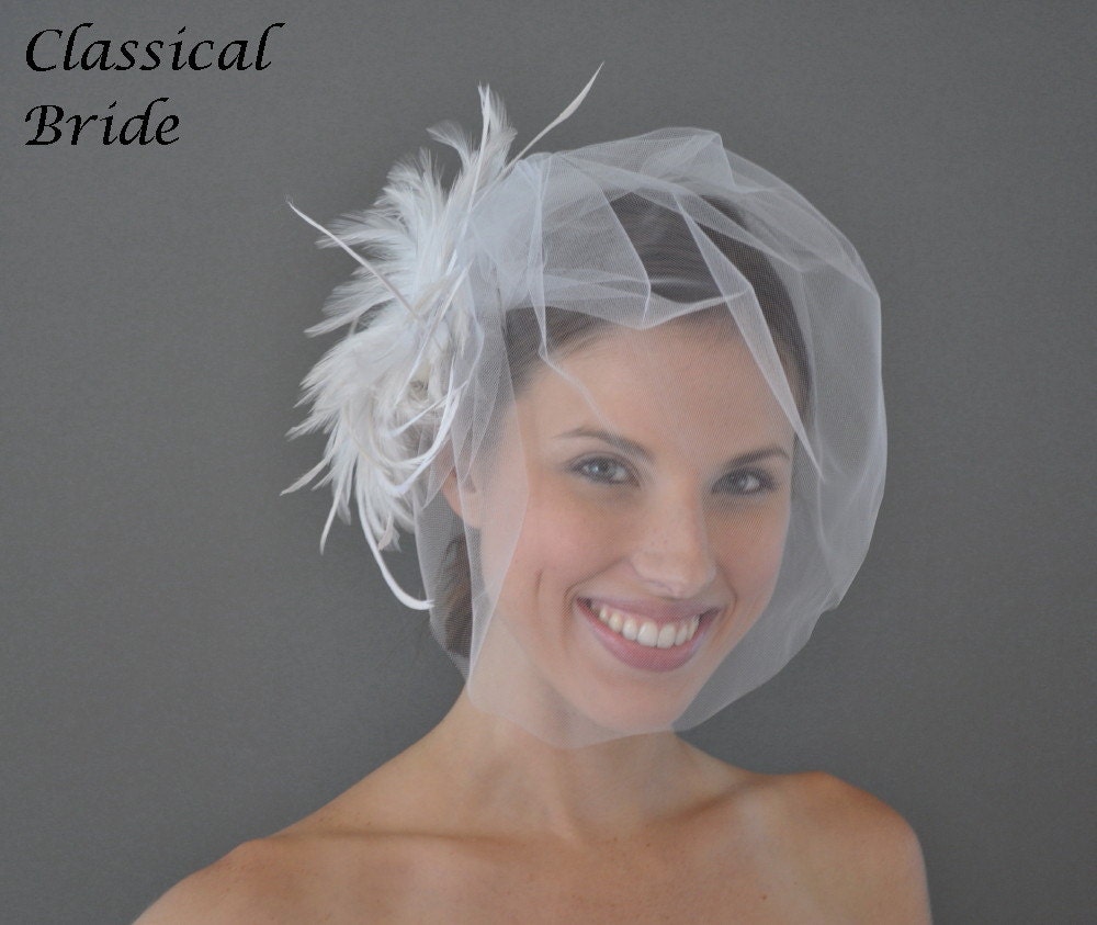 16 Inch Tulle 804 -- VEIL SET w/ Feather Fascinator Hair Clip & Ivory or White Tulle Birdcage Blusher 16" Veil for bridal wedding