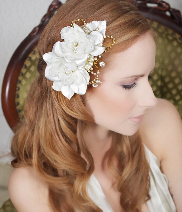 Organza Ivory Flower Headpiece, Gold and Crystal Bridal Comb, Flower Fascinator, Wedding Hair Accessories - Ready to Ship - FREDRICA