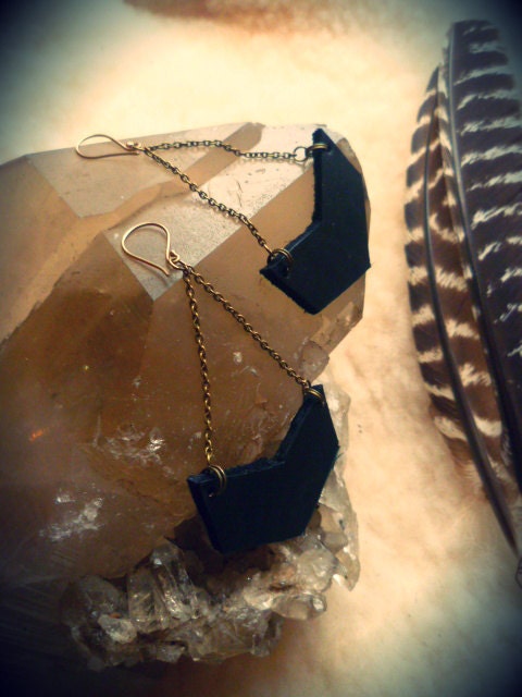 Rylonnin - geometric earrings - black leather chevron earrings