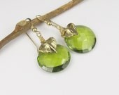 Peridot Olivine Quartz Earrings, Gold Leaf Earrings, Teardrop Briolette Earrings, Gemstone Earrings, Briolette Earrings, Round Drop Earrings