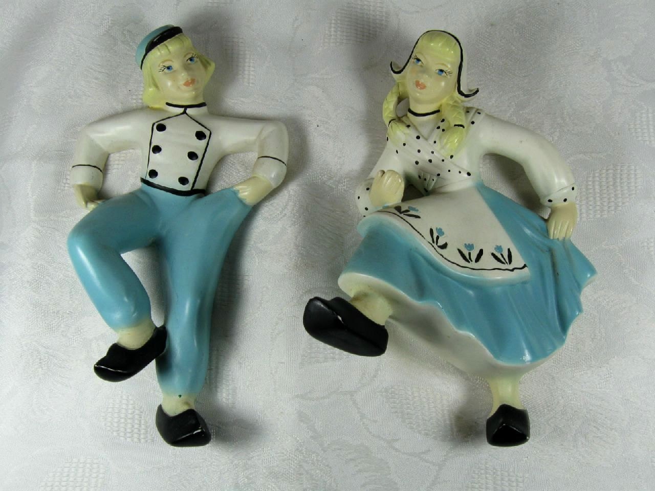 Vintage Mid Century Dutch Boy and Girl Chalkware Decorative Wall Hangings Blue White and Black