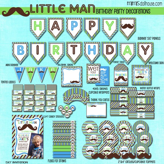 Little Man Decorations- Printable Little Man Mustache Birthday Party Decorations-Mustache Birthday Party PDF/JPEG Il_570xn