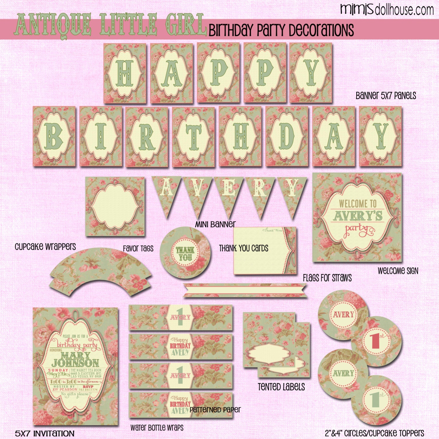 Vintage Party Decorations- Printable Vintage Birthday Party Decorations- Vintage Bridal Shower PDF/JPEG