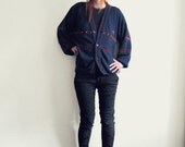 Studded grandpa cardigan sweater . navy blue and oxblood . altered vintage clothing . Cavalier