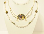 Vintage Inspired Pearl Necklace with Floral Glass Centerpiece - Three Strands Can be worn with One, Two or All Three