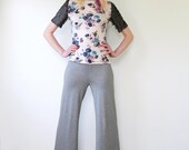 Women's wide leg pants, silver metallic glitter, stretchy pants, made to order, light gray/green tone