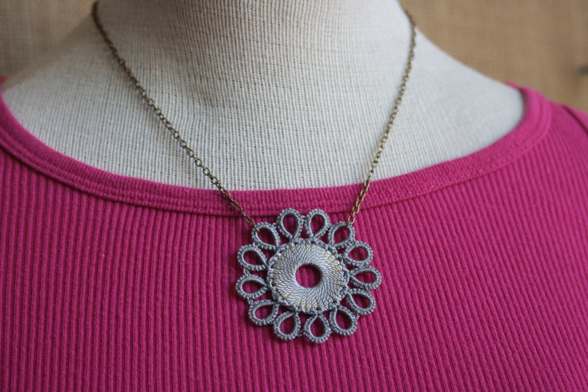 Kachin Necklace (Tatted Flower in Grey and Bronze, by Christine)
