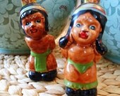 Pair of Vintage Salt and Pepper Shakers of Native Boy and Girl 1950s