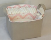 NEW LG Diaper Caddy 10"x10"x7" Fabric Storage Bin Organizer, Basket Taupe with Light Pink/White Chevron Lining