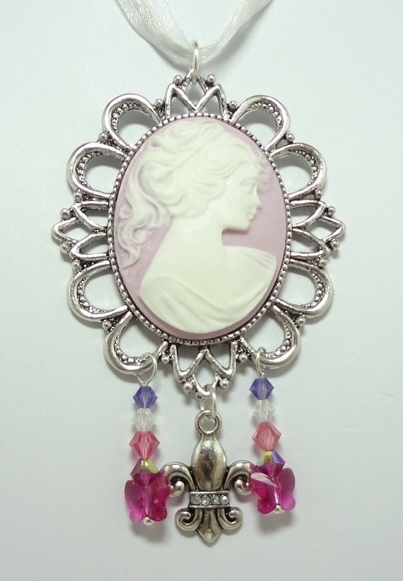 Victorian Cameo Necklace with Swarovski Crystals, Fleur de Lis, and Cameo Charms - On A Triple White Ribbon