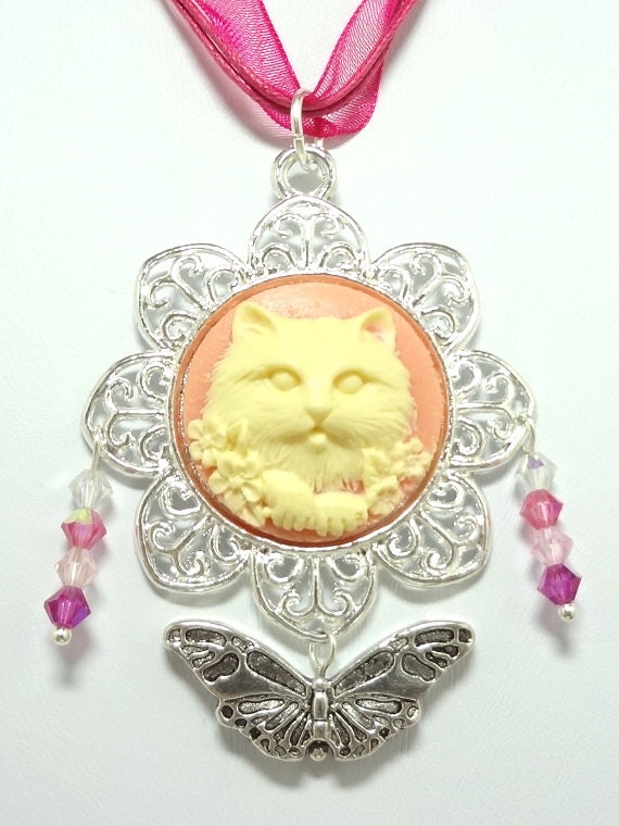 Fluffy Cat Necklace with Czech Crystals, Butterfly and Kitten Charms - On A Triple Pink Organza Ribbon