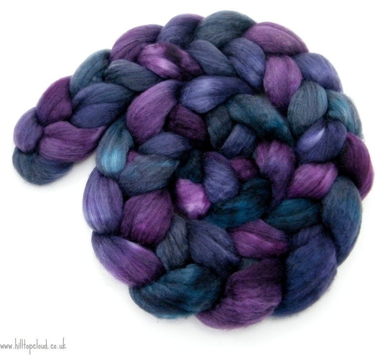 Hand Dyed Superwash Roving- Superwash BFL Nylon Black and Purple- Sock Fiber - 120g 4.2oz 1576