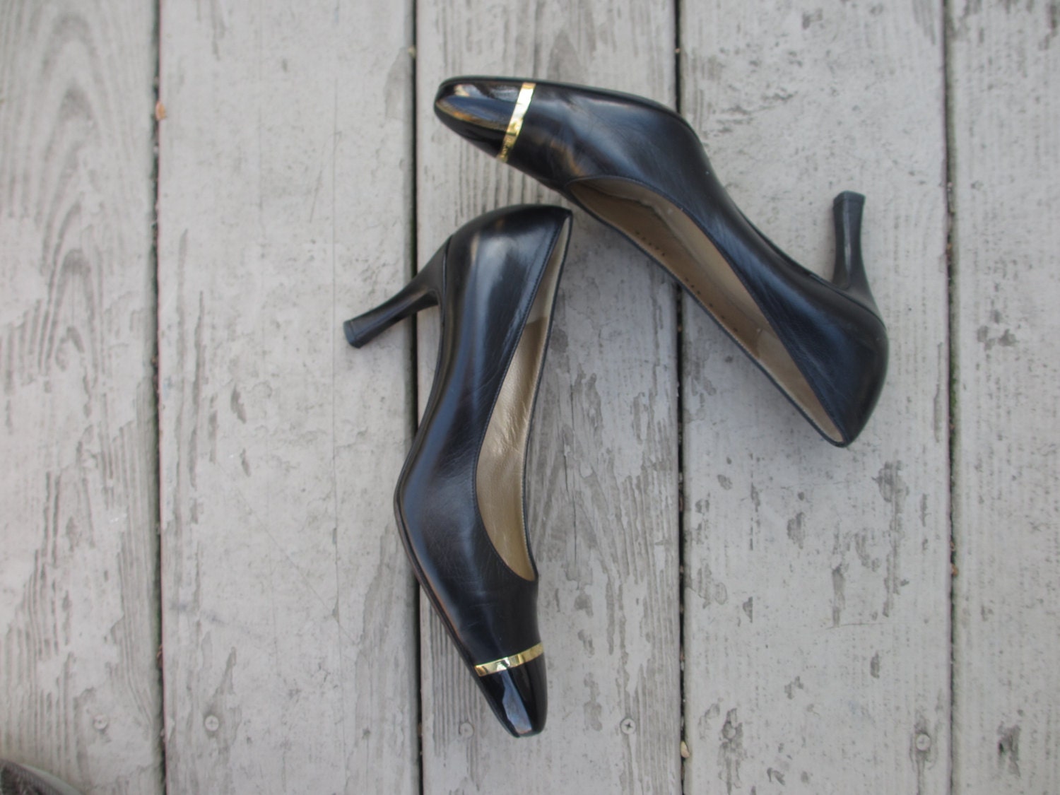 80's St. John High Heel Stilettos  / Black Leather & Gold Shoes
