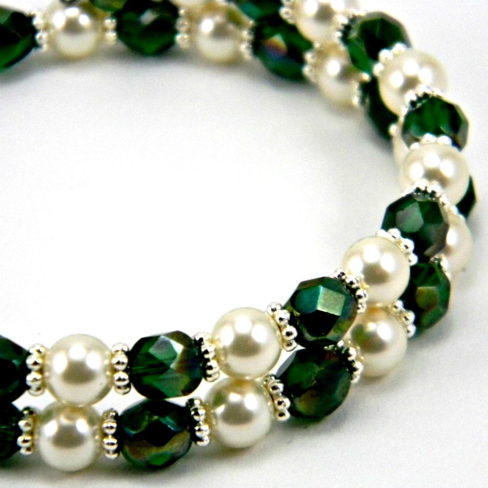 Emerald Bangle Bracelet  Handmade with Green Celsian Czech Glass Beads & Cream Swarovski Pearls   Memory Wire   Beaded Jewelry   Wedding
