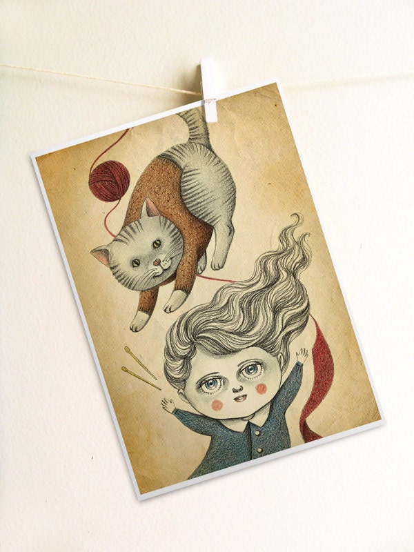 Cute Cat Knitting Illustration Reproduction Digital Print - Kitty Knitting by Amalia K - 8x10 inches