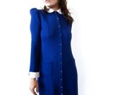 Vintage 1980s St. John Knit Dress. Long Sleeve Electric Blue with Contrasting Collar and Cuffs. Size Medium