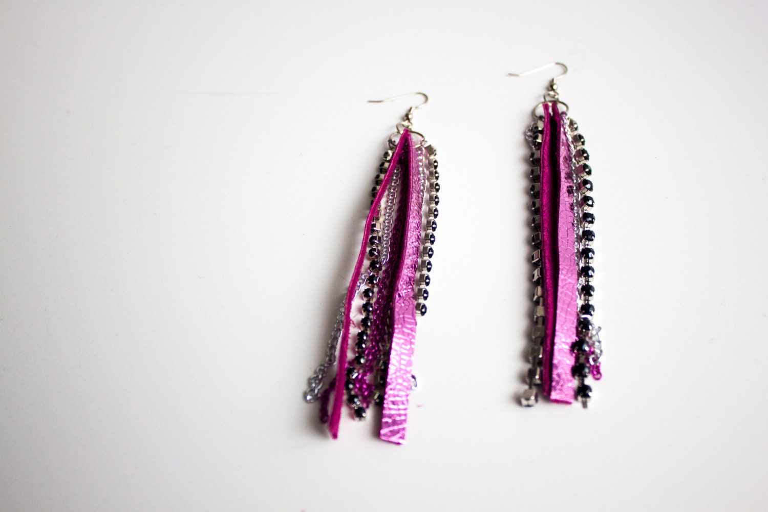 Flashy Chain and Genuine Leather  Metallic Pink and Black Dangle Earrings by Cre8tivesoul