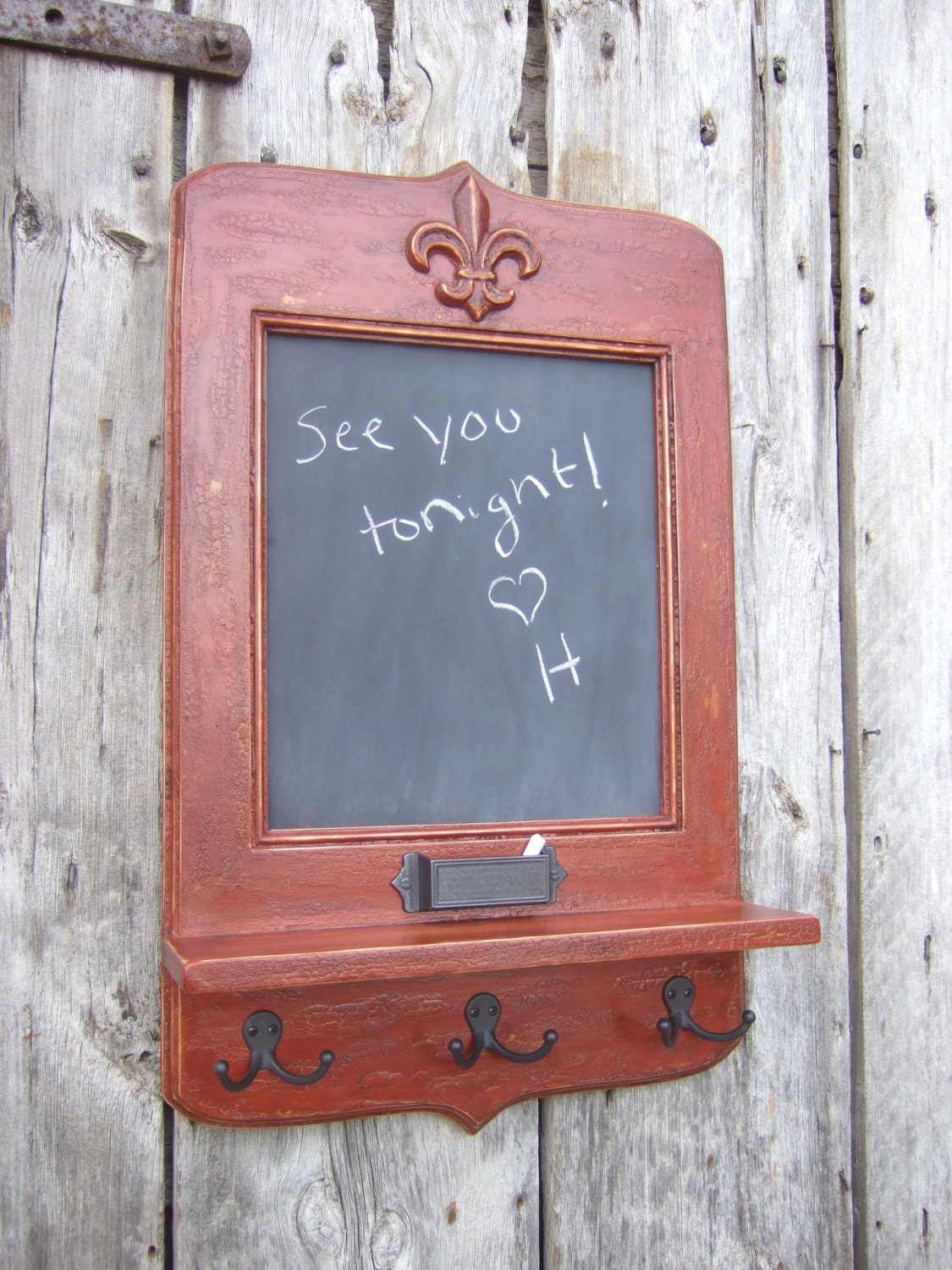 Le Grande Madame Message Center - Rustique Red vintage style chalkboard with chalk holder, key hooks and shelf
