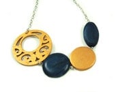 Navy and Gold Chunky Wood Necklace with Filigree Wood Pendant and Geometric Beads